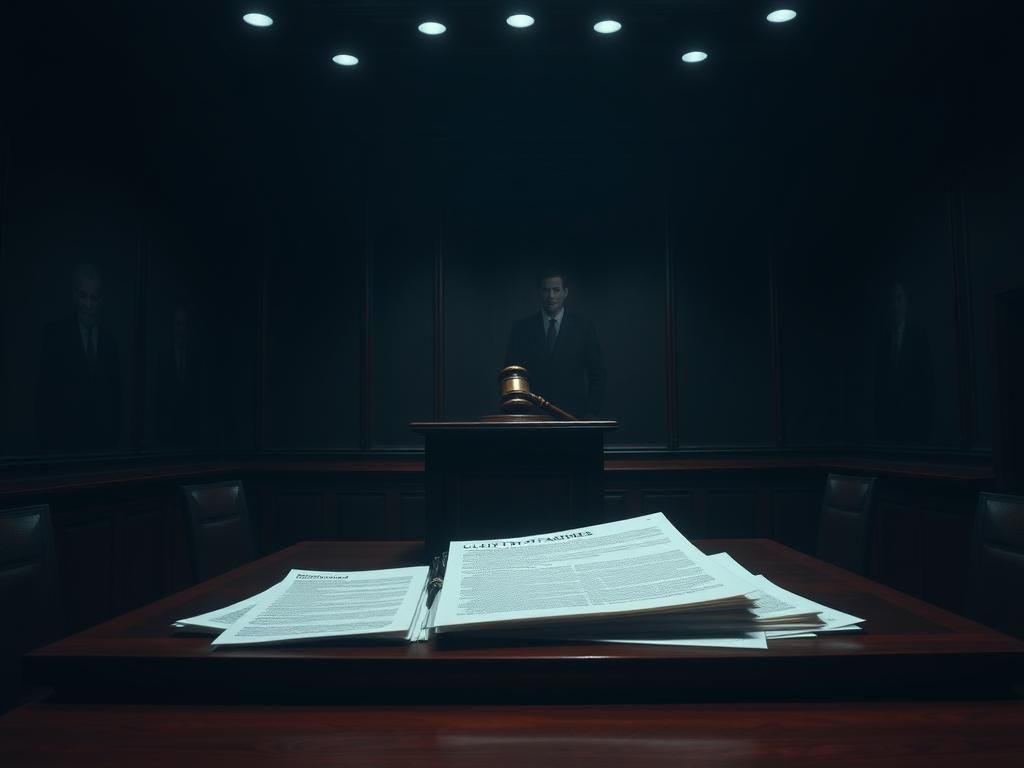 Flick International Dimly lit courtroom scene with an empty witness stand and legal documents