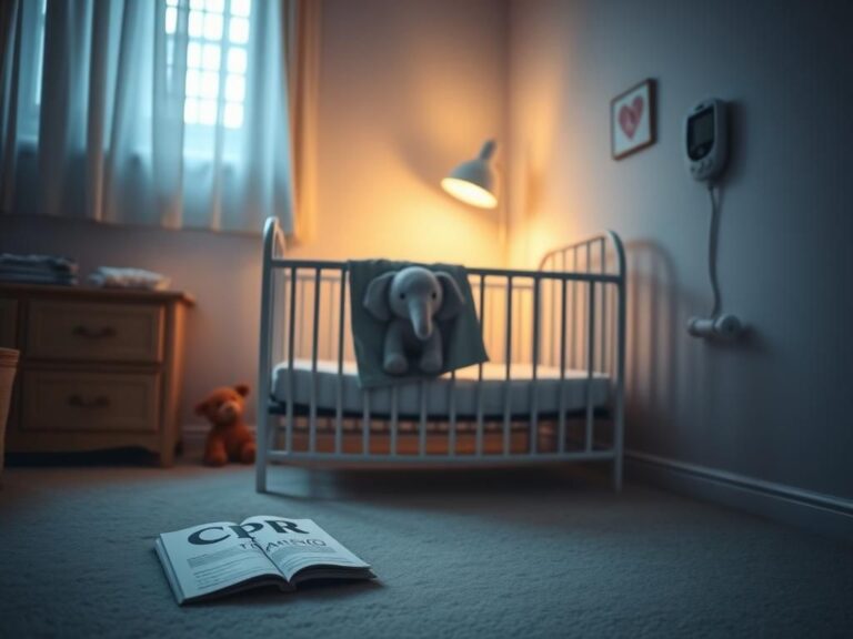 Flick International Cozy nursery with a crib and CPR training manual