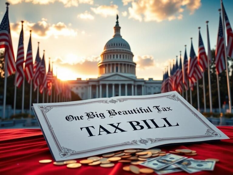 Flick International A grand view of the U.S. Capitol building at dawn with American flags and a prominent tax bill document