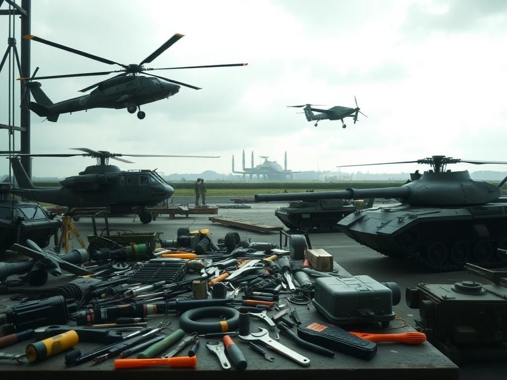 Flick International Workshop scene depicting military equipment including helicopters, tanks, and drones in need of repair.