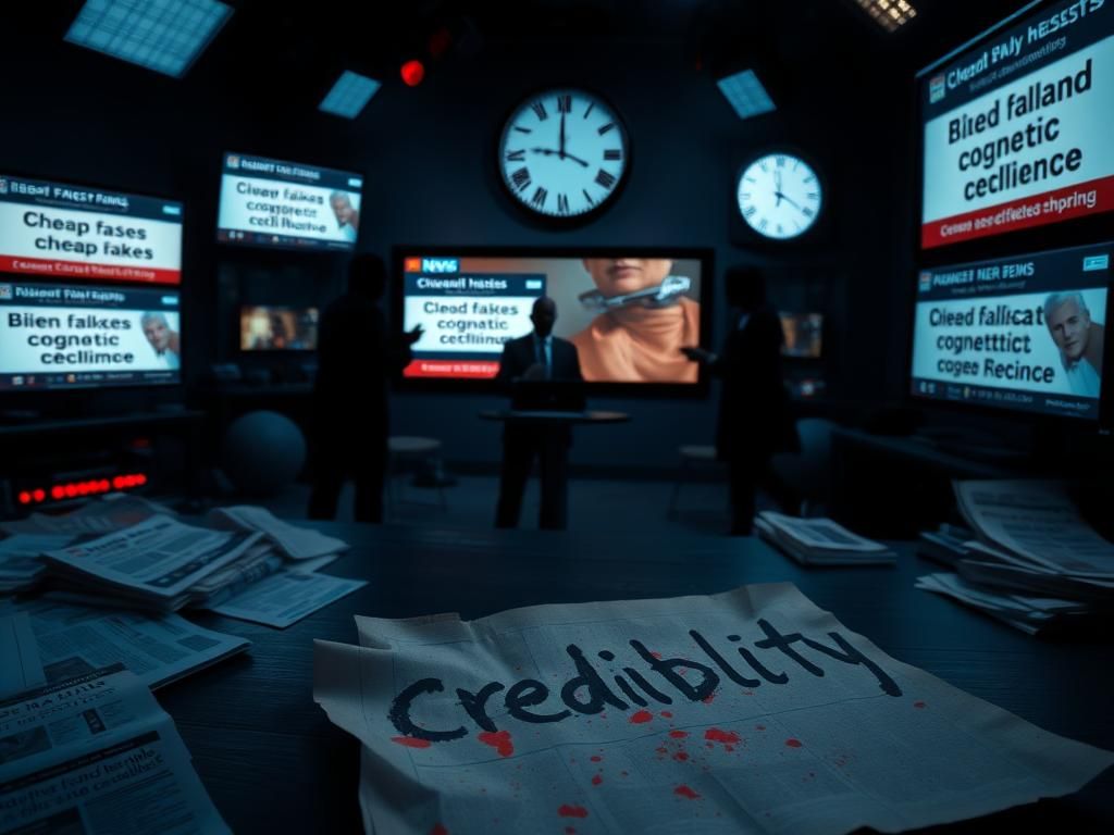 Flick International A dimly lit media room with newspapers and headlines about Biden's cognitive decline