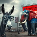 Flick International A split image of a worn-out Democratic donkey and a vibrant Republican elephant representing cultural tensions in American politics