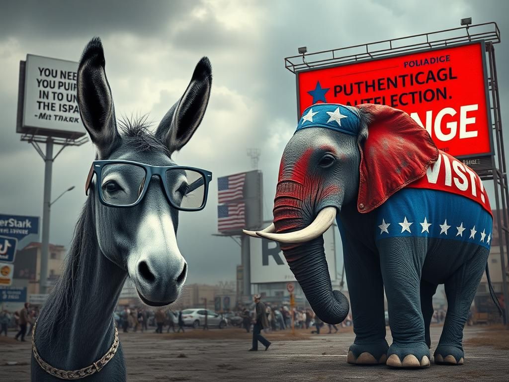 Flick International A split image of a worn-out Democratic donkey and a vibrant Republican elephant representing cultural tensions in American politics