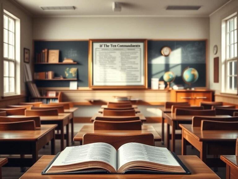 Flick International A serene classroom with a framed poster of the Ten Commandments on the chalkboard