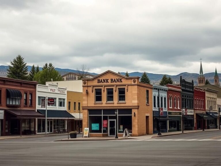 Flick International A quaint town in Idaho featuring a vacant former bank building with a 'For Sale' sign, symbolizing the church permit dispute.