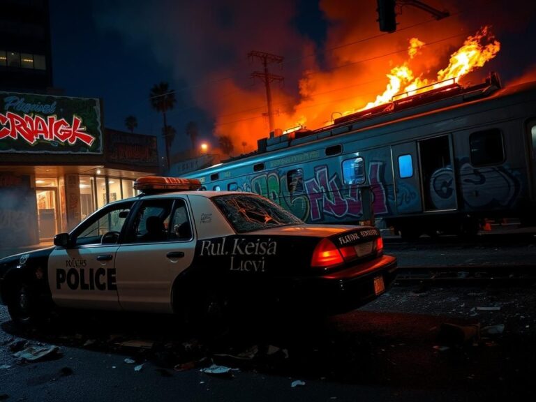 Flick International Graffiti-covered police cruiser with shattered windows at chaotic scene in downtown Los Angeles