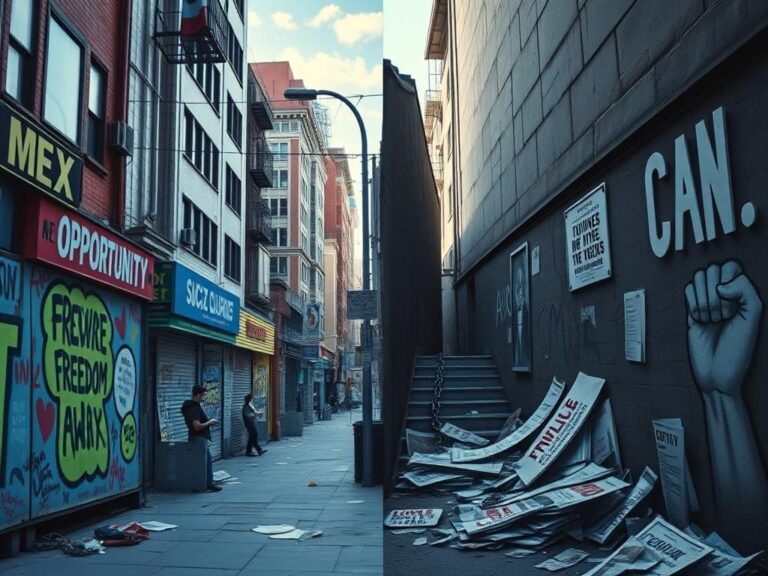 Flick International A vibrant urban landscape contrasted with a dark alley depicting the division felt by Gen Z men