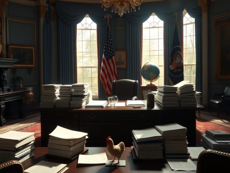 Flick International Tense scene in the Oval Office during tariff negotiations with symbolic elements.