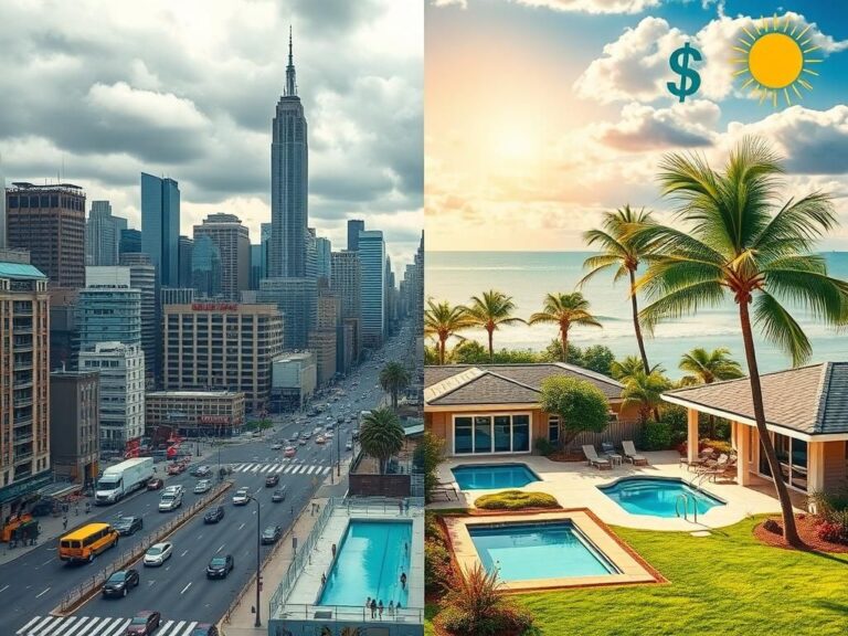 Flick International A vibrant split-scene image showing contrasting environments of New York City and Florida