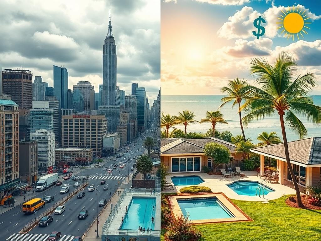Flick International A vibrant split-scene image showing contrasting environments of New York City and Florida