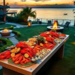 Flick International Luxurious outdoor buffet setting at sunset featuring seafood and filet mignon