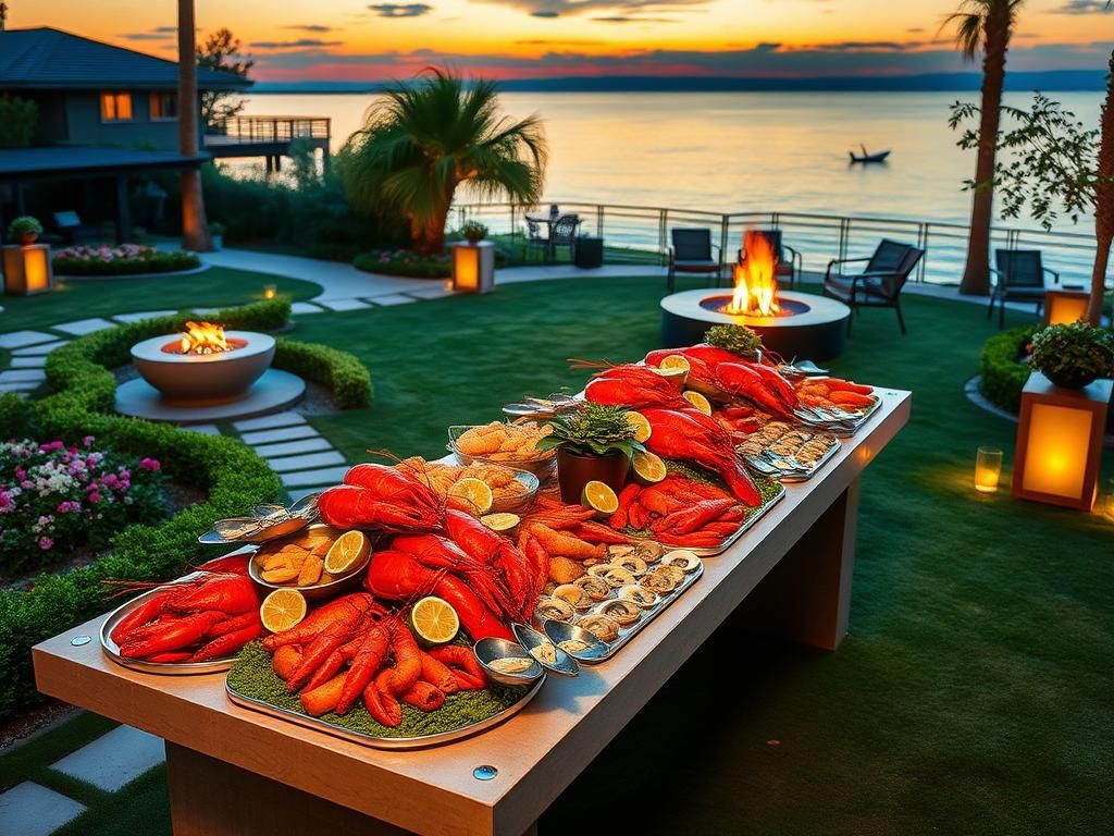 Flick International Luxurious outdoor buffet setting at sunset featuring seafood and filet mignon