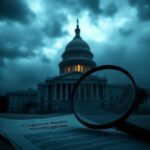 Flick International Exterior of the U.S. Capitol building shrouded in fog with a cracked magnifying glass on a document about cognitive health investigation.