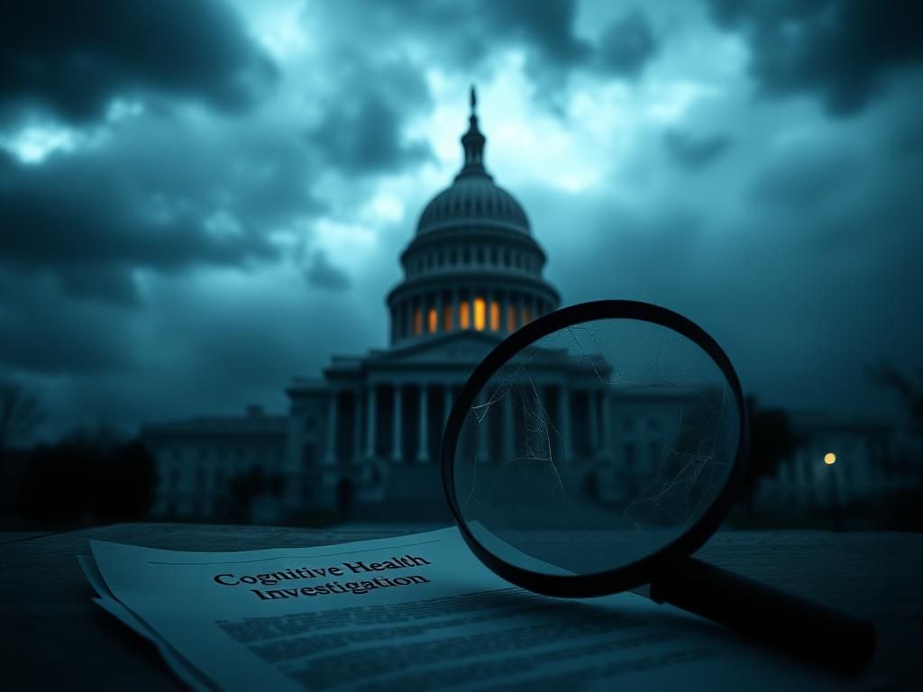 Flick International Exterior of the U.S. Capitol building shrouded in fog with a cracked magnifying glass on a document about cognitive health investigation.