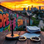 Flick International Vibrant urban landscape at sunset with graffiti art symbolizing hope and transformation