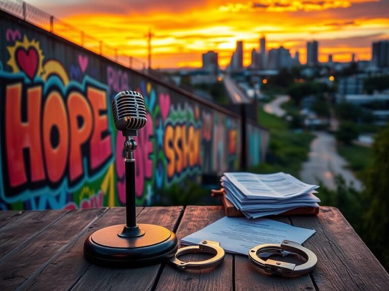 Flick International Vibrant urban landscape at sunset with graffiti art symbolizing hope and transformation