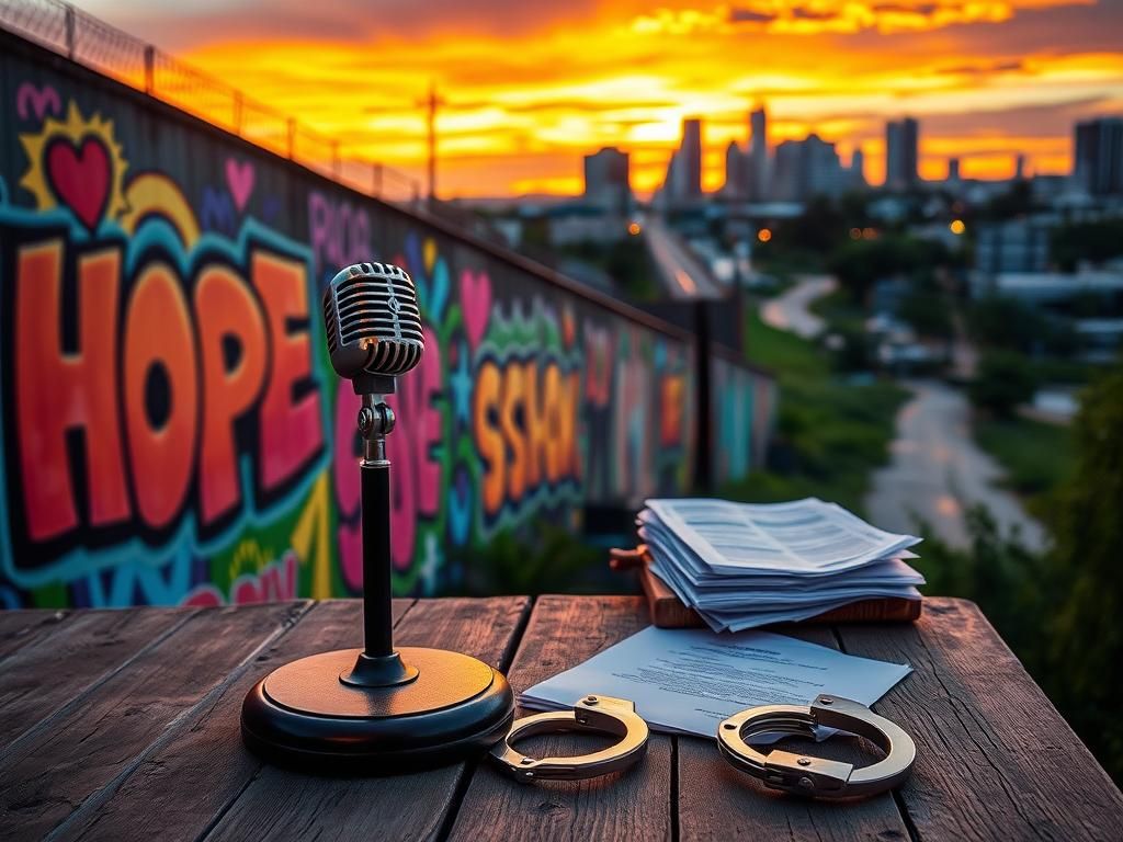Flick International Vibrant urban landscape at sunset with graffiti art symbolizing hope and transformation