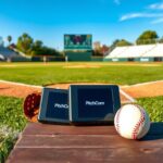 Flick International A youth baseball field featuring PitchCom devices on a wooden bench