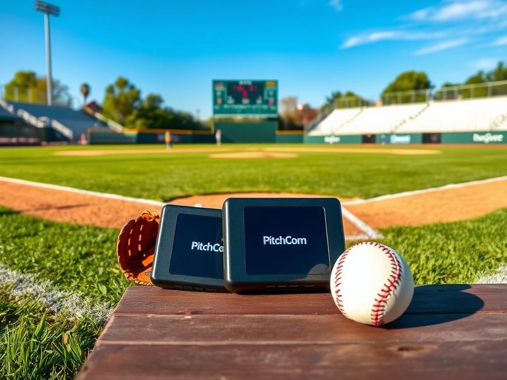 Flick International A youth baseball field featuring PitchCom devices on a wooden bench