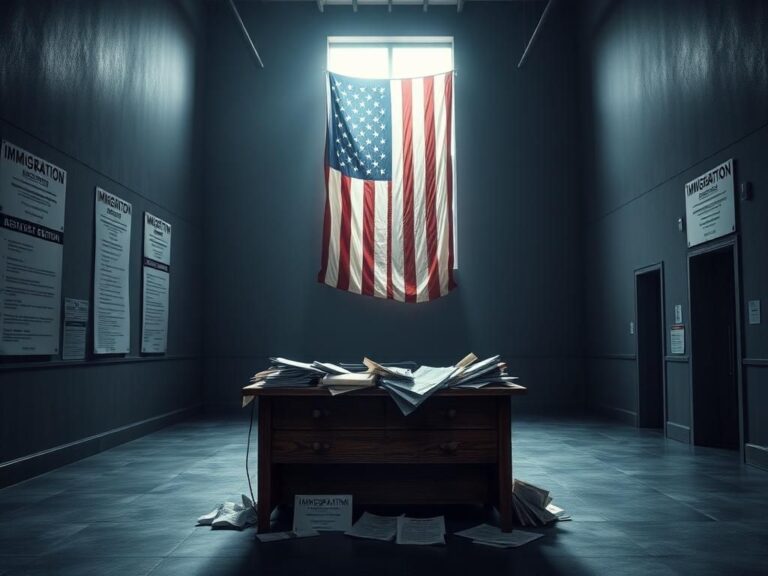 Flick International Empty U.S. immigration office interior showcasing rights posters and a large U.S. flag