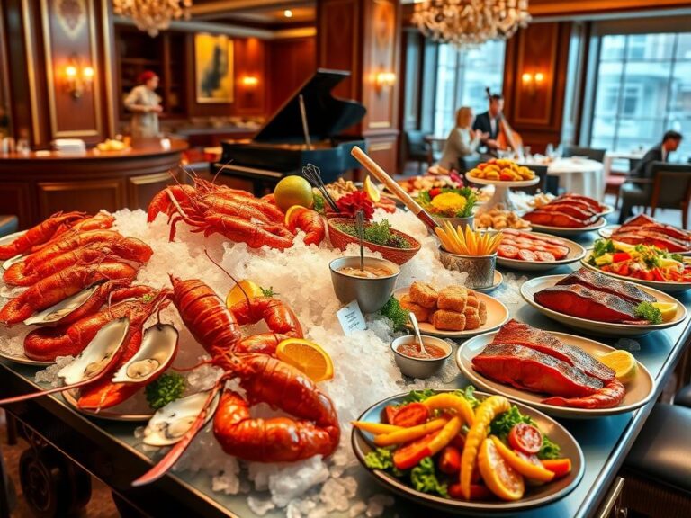 Flick International A lavish all-you-can-eat buffet table showcasing seafood, filet mignon, and desserts in an elegant restaurant.