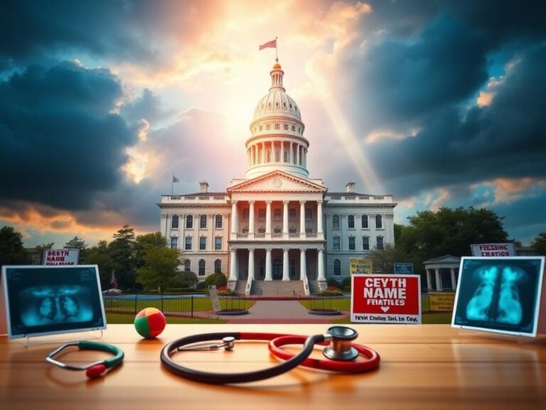 Flick International Image depicting the South Carolina statehouse surrounded by medical items, symbolizing the political race involving Lindsey Graham and Annie Andrews.