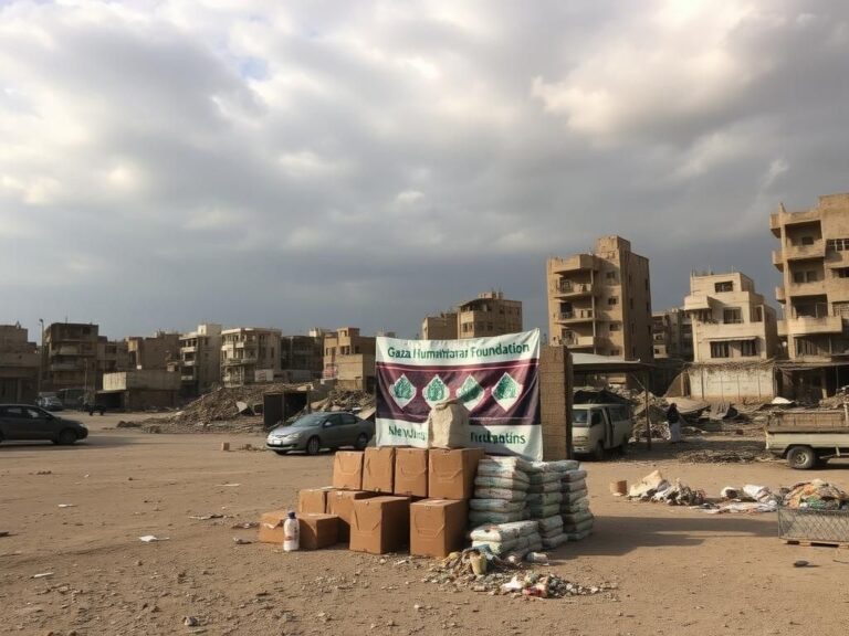 Flick International A desolate urban landscape in Gaza, featuring a makeshift aid distribution center amidst crumbling infrastructure.