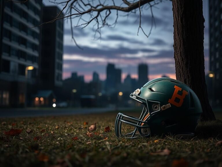 Flick International A football helmet adorned in Baylor University green and gold resting on the ground beside a wilted tree, symbolizing loss.
