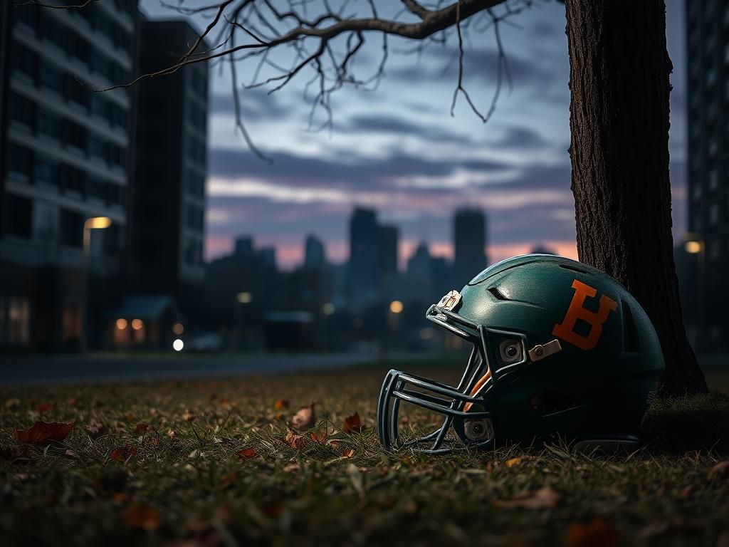 Flick International A football helmet adorned in Baylor University green and gold resting on the ground beside a wilted tree, symbolizing loss.