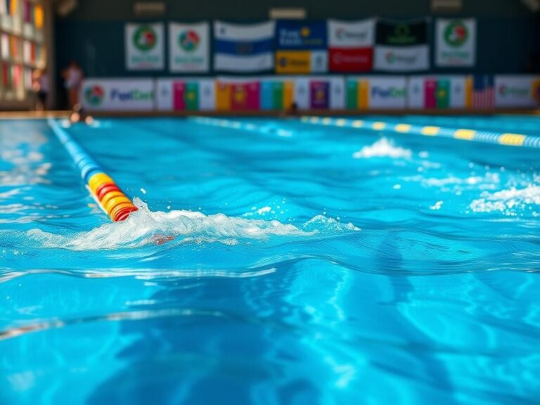 Flick International Dynamic swimming pool scene featuring clear blue water and ripples, representing competition.