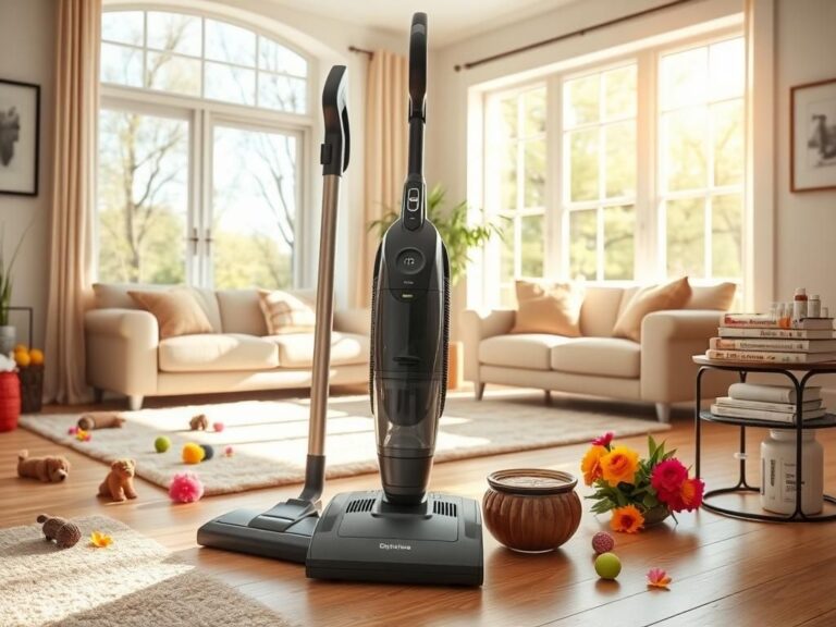 Flick International Modern vacuum cleaner in a sunlit living room with pet attachments and spring flowers