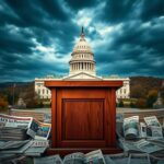 Flick International Empty wooden podium in front of Virginia state capitol under dramatic sky