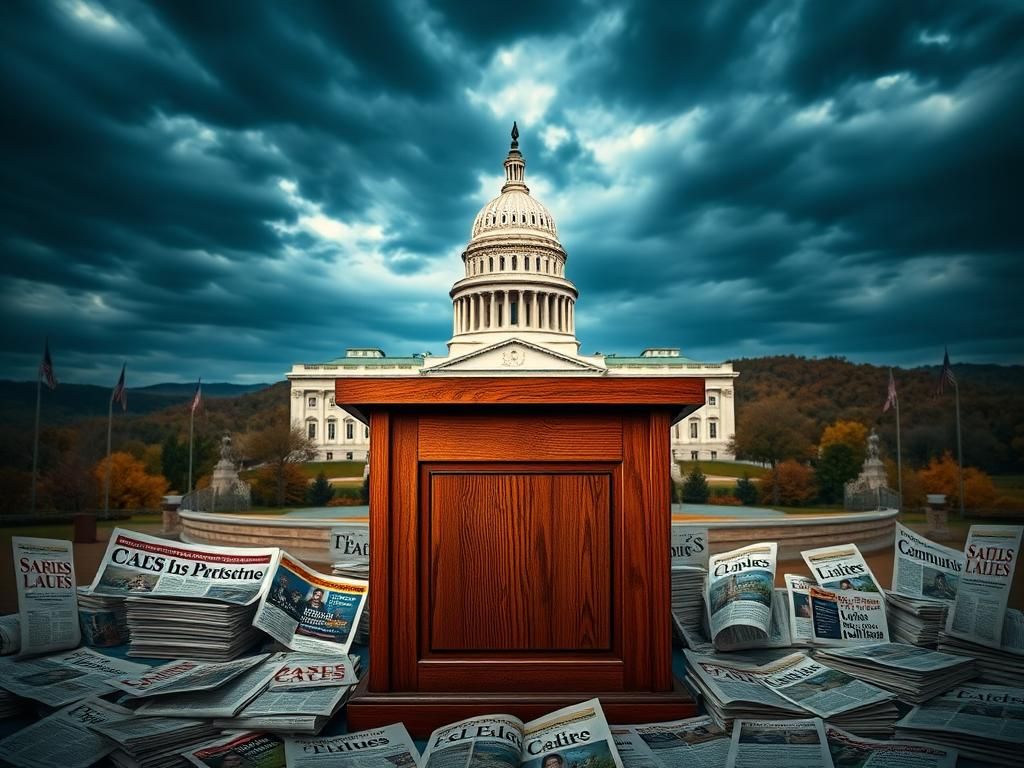 Flick International Empty wooden podium in front of Virginia state capitol under dramatic sky