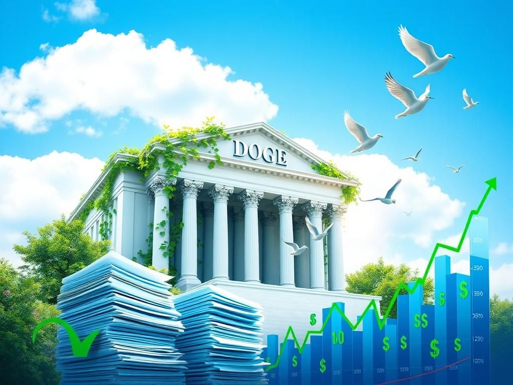 Flick International A digital representation of a modern government building symbolizing DOGE's efficiency and innovation.