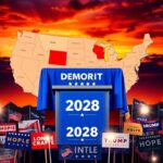 Flick International A dynamic image of an empty podium with a Democratic Party banner, symbolizing the 2028 presidential election aspirations.