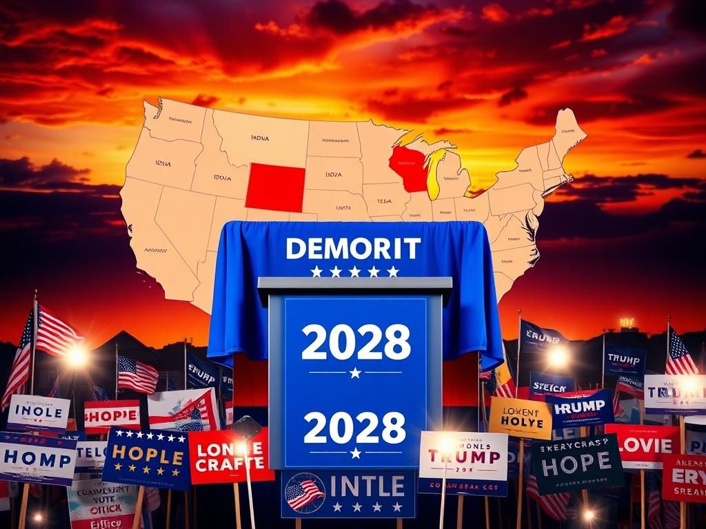 Flick International A dynamic image of an empty podium with a Democratic Party banner, symbolizing the 2028 presidential election aspirations.