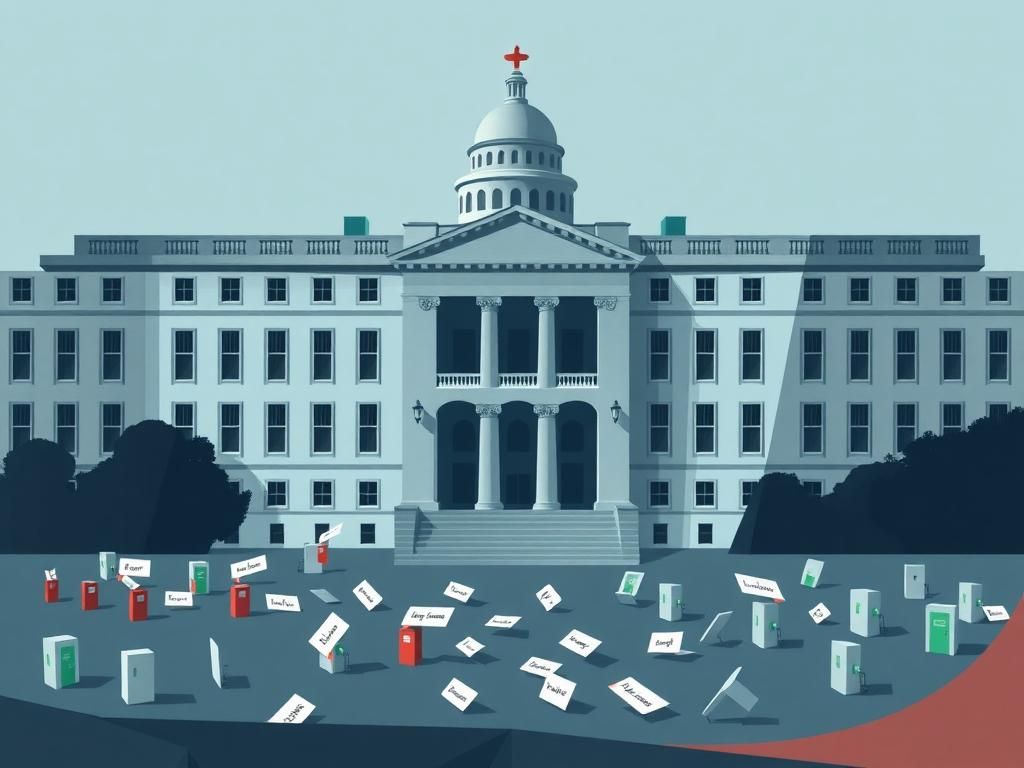 Flick International Abstract representation of a large government building symbolizing the State Department's restructuring
