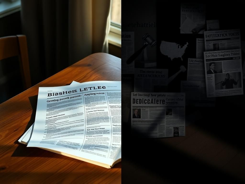 Flick International Split image contrasting gender-inclusive language in a newsletter with symbols of political tension