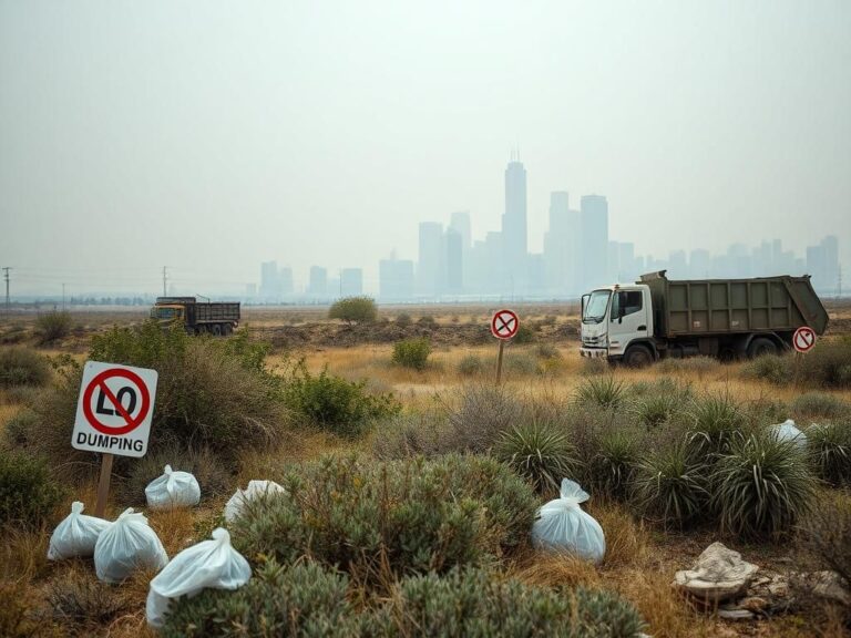 Flick International A desolate California landscape with a closed landfill, featuring trash bags and a rusted garbage truck