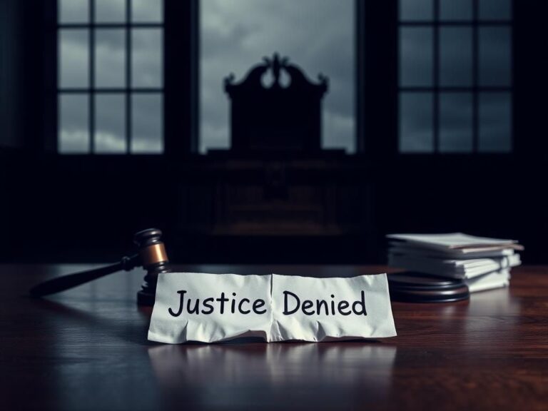 Flick International Empty courtroom with a judge's bench and a gavel, highlighting the theme of justice denied