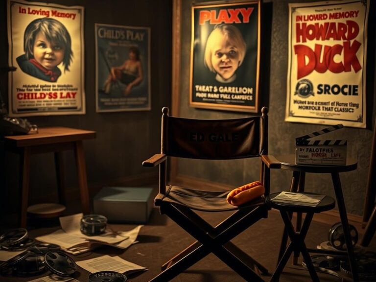 Flick International A vintage director's chair with Ed Gale's name on a dimly lit film set surrounded by film reels and scripts.