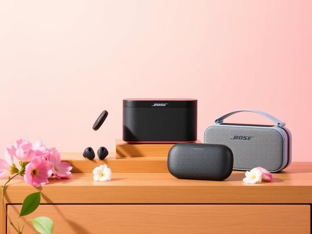 Flick International Collection of Bose audio products including QuietComfort Ultra Earbuds and SoundLink Revolve+ II on a stylish wooden surface