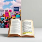 Flick International A split landscape showing a vibrant protest scene juxtaposed with a minimalist environment featuring a lone book.