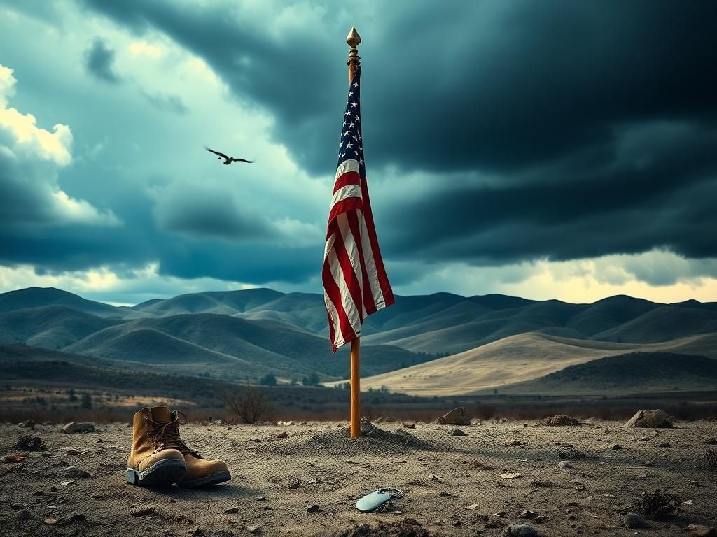 Flick International A weathered American flag standing amidst a barren landscape representing resilience and determination