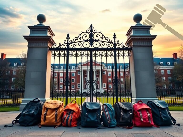 Flick International An ornate iron gate at Harvard University slightly ajar, symbolizing opportunity for foreign students amidst a serene campus setting.