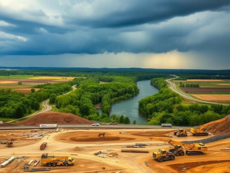 Flick International Construction site showcasing heavy machinery juxtaposed with a serene natural environment