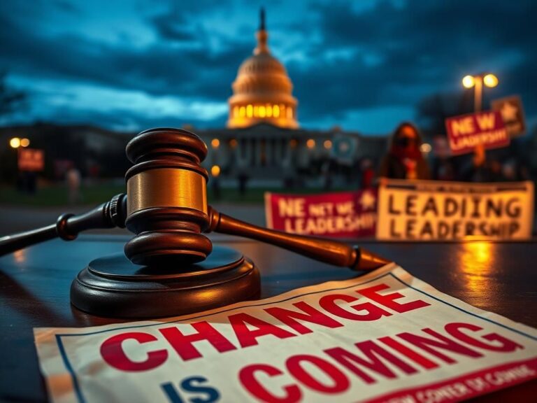 Flick International A dramatic evening view of the U.S. Capitol building with a gavel and campaign flyer symbolizing political change.