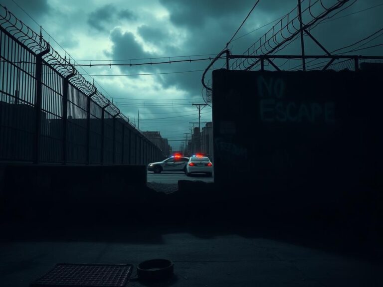 Flick International Dimly lit urban jail scene with rusty bars and barbed wire