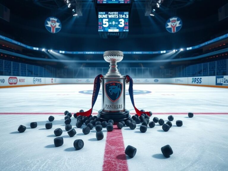 Flick International Empty ice rink with skate marks and the Prince of Wales Trophy at center ice
