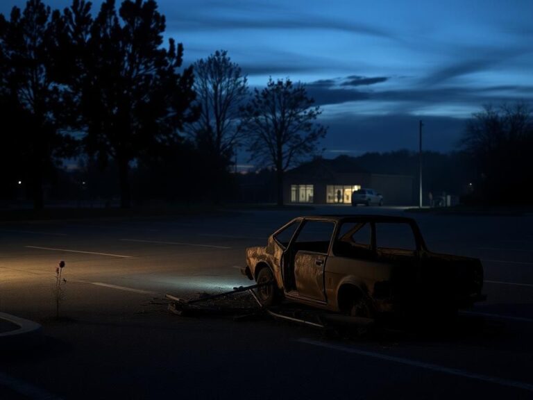 Flick International A dimly lit parking lot featuring a burnt vehicle in Davidsonville, Maryland, surrounded by shadows and wilted flowers.
